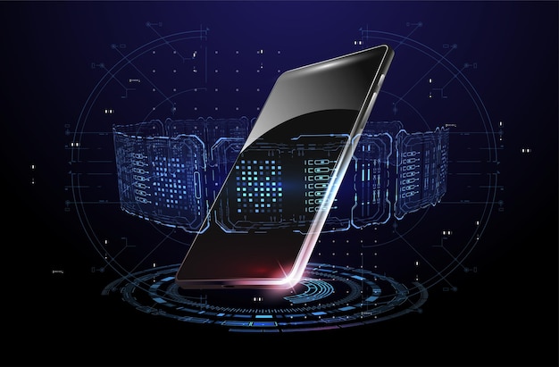 Smartphone and HUD elements Hologram with mobile phone