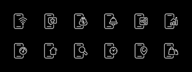 smartphone icon set application online shopping wallet schedule charging gadget internet wifi white line icon on black background vector line icon for business and advertising