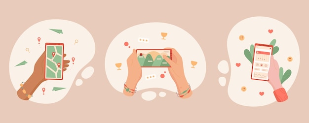 smartphone in hand with app screen mobile navigation concept in cartoon and flat style icon phone