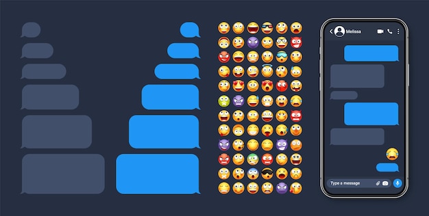 Smartphone messaging app user interface with emoji sms text frame chat screen blue message bubbles