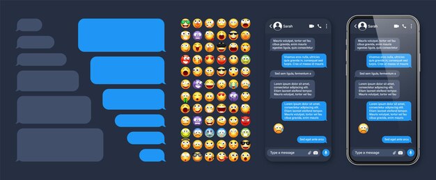 smartphone messaging app user interface with emoji sms text frame chat screen blue message bubbles