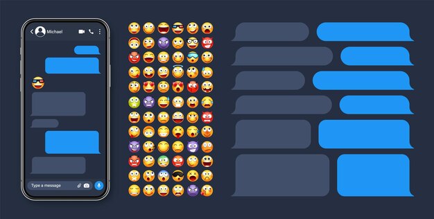 Smartphone messaging app user interface with emoji sms text frame chat screen blue message bubbles