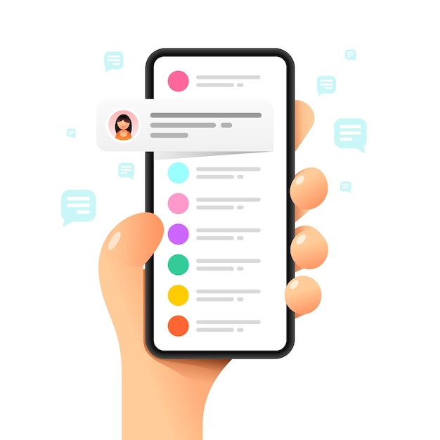 Smartphone mockup in human hand Chat communications Messaging Vector social media illustration