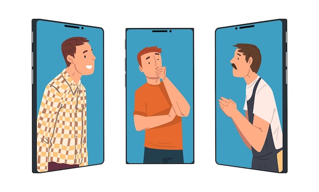 smartphone screen with people character communicating with each other online via internet vector set
