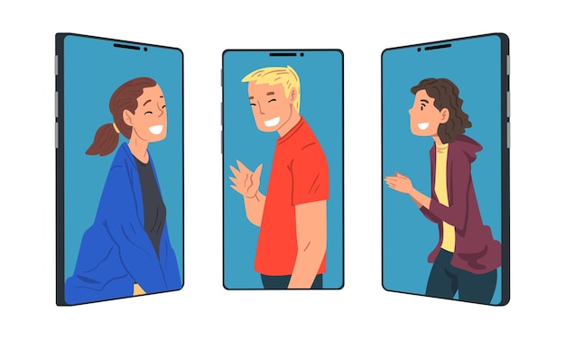smartphone screen with people character communicating with each other online via internet vector set