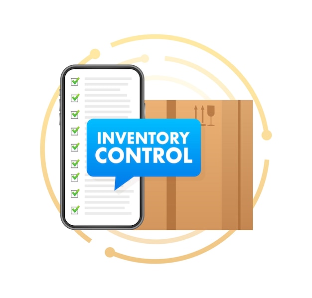 Smartphone with a box on the screen with text Inventory Control on Speech Bubble Inventory Manageme