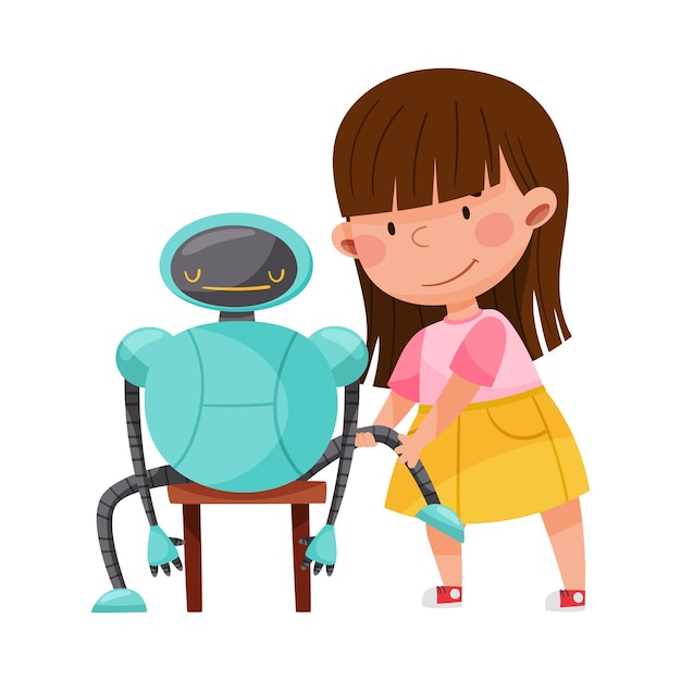 smiling girl engineering and configurating robot vector illustration