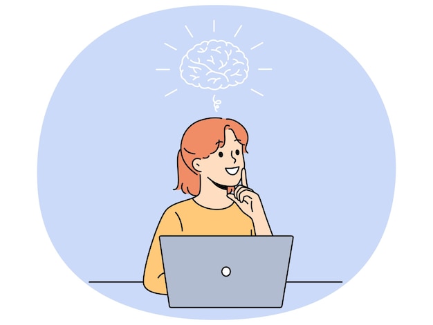 smiling girl is doing brainstorming sitting near laptop and thinking about best solution to problem
