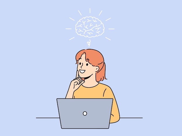 smiling girl is doing brainstorming sitting near laptop and thinking about best solution to problem