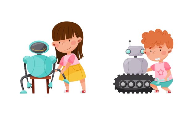 smiling little boy and girl engineering and configurating robot vector set