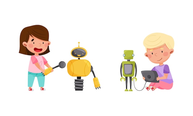 smiling little boy and girl engineering and configurating robot vector set