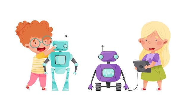 Smiling Little Girl Engineering and Configurating Robot Vector Set