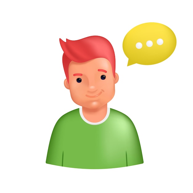 Smiling male avatar wearing green sweater. Realistic 3d vector illustration of happy casual man character with yellow speech bubble as an avatar for social media and networks