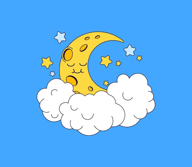 Smiling moon resting on clouds with stars vector hand drawn