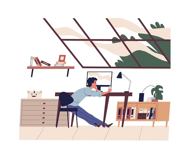 smiling young man has a work break. freelancer sitting at desk with smartphone and surfing internet, chatting in social network. home office. vector illustration in flat cartoon style.