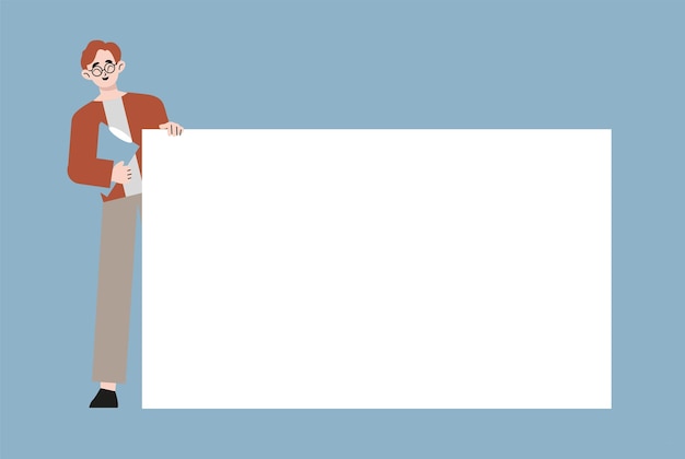 Smiling young man holding clean placard. Joyful male cartoon characters demonstrating empty banner a