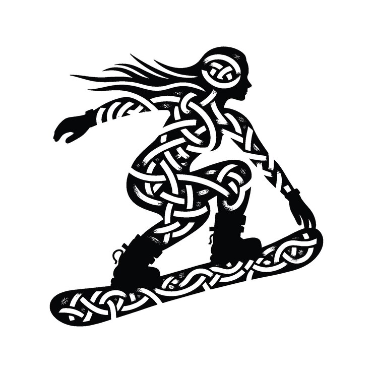 Vektori snowboarding female player in celtic knot pattern illustration emblem shield badge