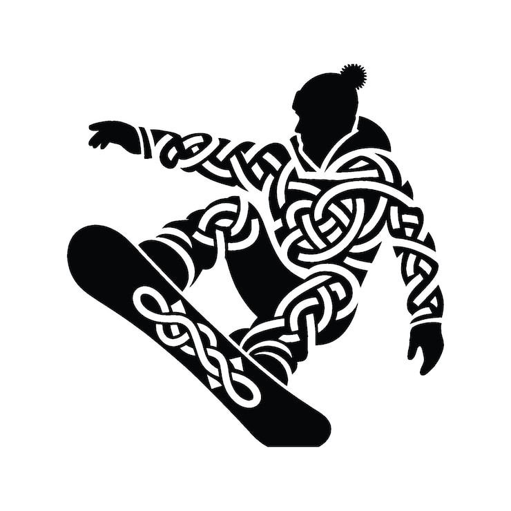 Vektori snowboarding male player in celtic knot pattern illustration emblem shield badge