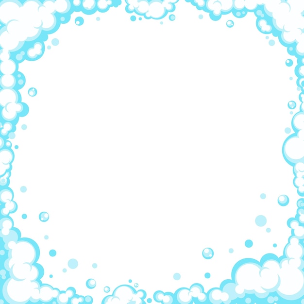 Soapy foam with bubbles Frame of cartoon shampoo and shaving mousse foam suds Clouds border