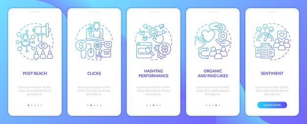 Social media advertising metrics blue gradient onboarding mobile app screen