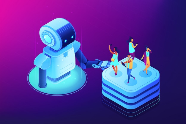 Social media automation tools concept isometric illustration.