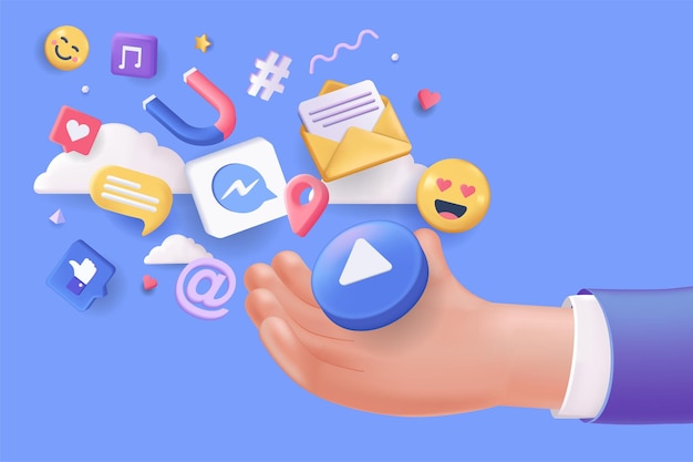 Social media concept 3D illustration Icon composition with human hand holding email message emoji