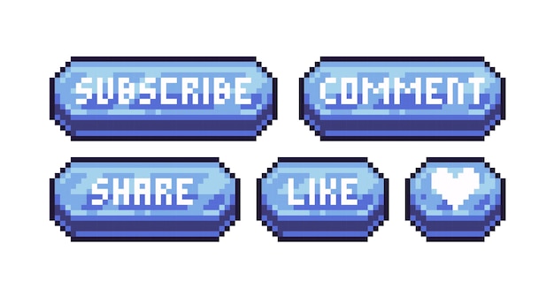 Social media diamond banner pixel art set. Like, subscribe, comment, share crystal buttons