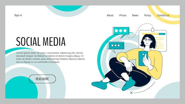Social media landing page Online communication Woman chatting by smartphone Speech bubble Mobile messenger technology Digital messages Website design template Vector background
