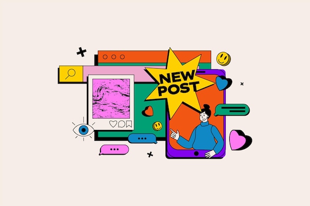 Social media life concept in the flat cartoon style Bright illustration of a social media post