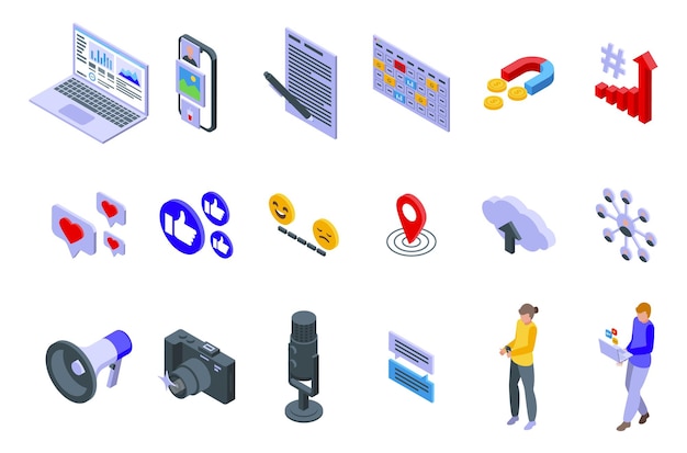 Social Media Manager icons set isometric vector Digital laptop Process media