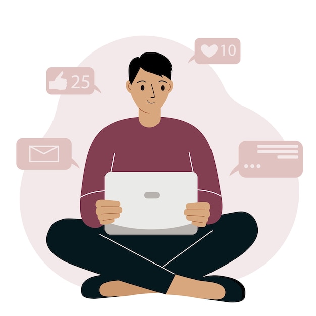 Social media marketing and audience growth. Vector concept illustration of smiling man sitting with laptop