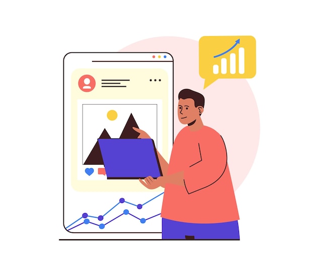 Social media marketing scenes with influencer style characters