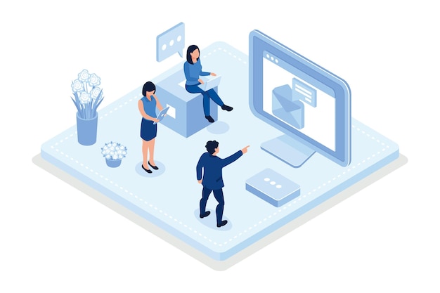 Social media promotion scenes. Characters sending advertising emails, isometric vector modern