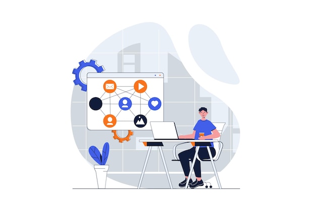 social network web concept with character scene man communicating with friends and increases blog audience people situation in flat design vector illustration for social media marketing material