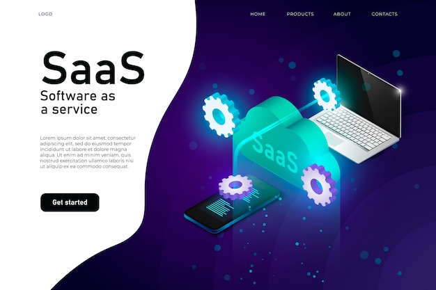 Software as a Service SaaS program. IT mainframe infrastructure website header. SaaS network website design layout, cloud computing service isometric