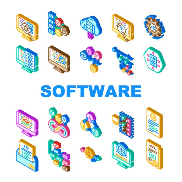 software compute engineer icons set vector code technology office business people man coder work programmer website internet software compute engineer isometric sign illustrations