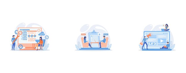 software configuration, employee hiring, content marketing services, set flat vector modern