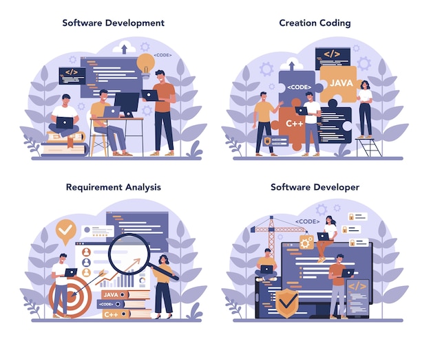 Software developer concept set. Idea of programming and coding, system development. Digital technology. Software developing company writing code. Isolated vector illustration