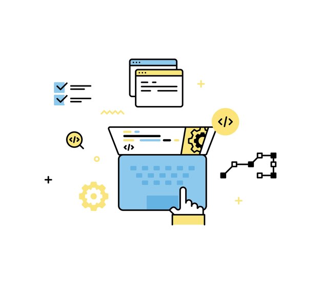 Software developer programming control and program coding on laptop screen vector illustration