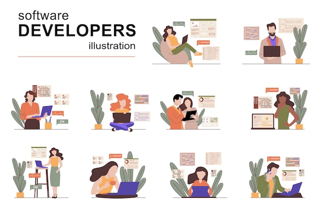 Software developers concept with people scenes set in flat design Men and women creating programs