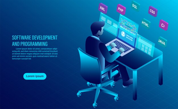 Software development and coding. programming of concept. data processing. Computer code with window interface. 