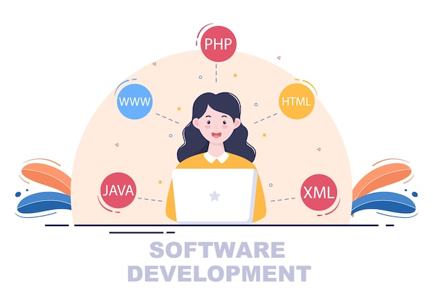 Software Development and Programming Code on Computer Vector Illustration for Technology, Engineer Team, coding, Marketing Material, Business and Presentation
