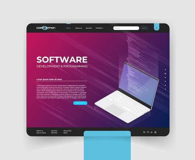Software development and programming program code on laptop screen big data processing computing isometric