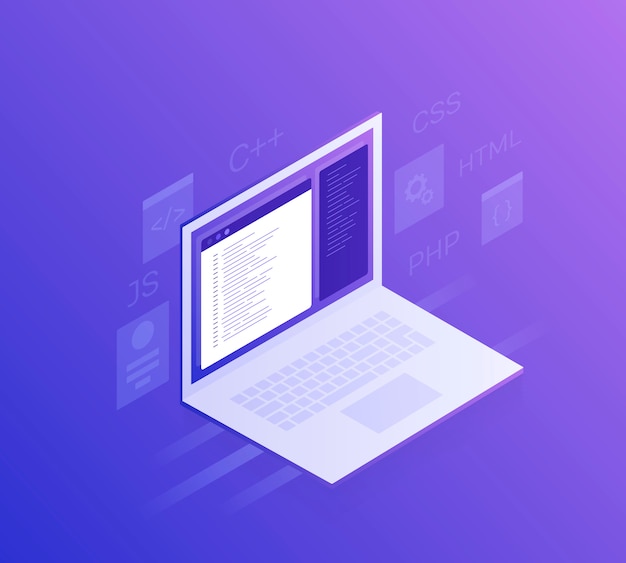Software development and programming, program code on laptop screen, big data processing.