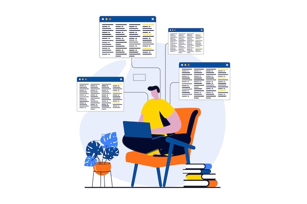 Software development concept with people scene in flat cartoon design Man developer programming and fixing code creates scripts working in IT company Vector illustration visual story for web