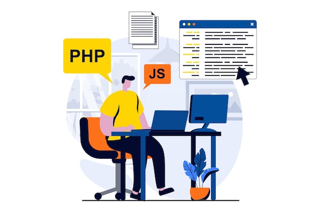 Software development concept with people scene in flat cartoon design Man developer programming searching problems and fixing code working in IT company Vector illustration visual story for web