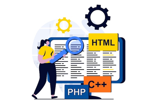 Software development concept with people scene in flat cartoon design Woman developer working with programming language searching problems and fixing code Vector illustration visual story for web