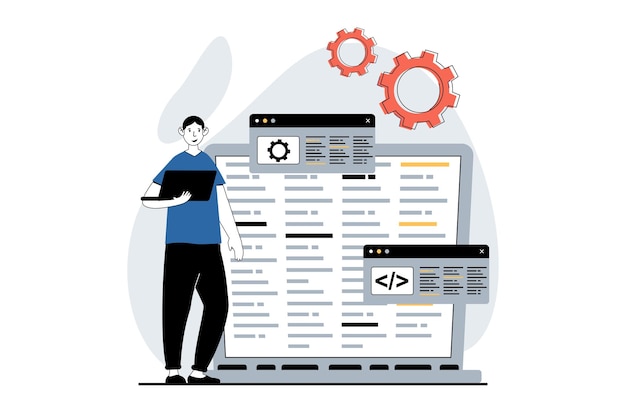 Software development concept with people scene in flat design for web Man working with programming code prototyping and engineering Vector illustration for social media banner marketing material
