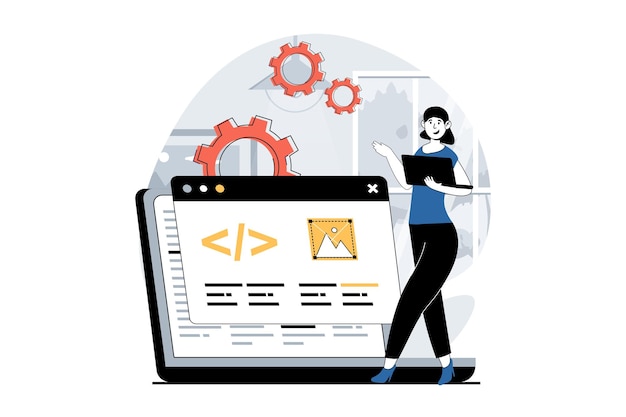Software development concept with people scene in flat design for web Woman creating code for website layouts settings and testing Vector illustration for social media banner marketing material