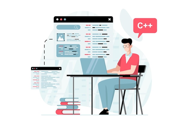 Software development concept with people scene in flat design Man programming and creating code fills in layout of site and corrects errors Vector illustration with character situation for web
